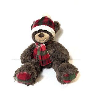 Gentle Treasures Brown Teddy Bear Plush Plaid Scarf Hat Stuffed Animal Toy 16”